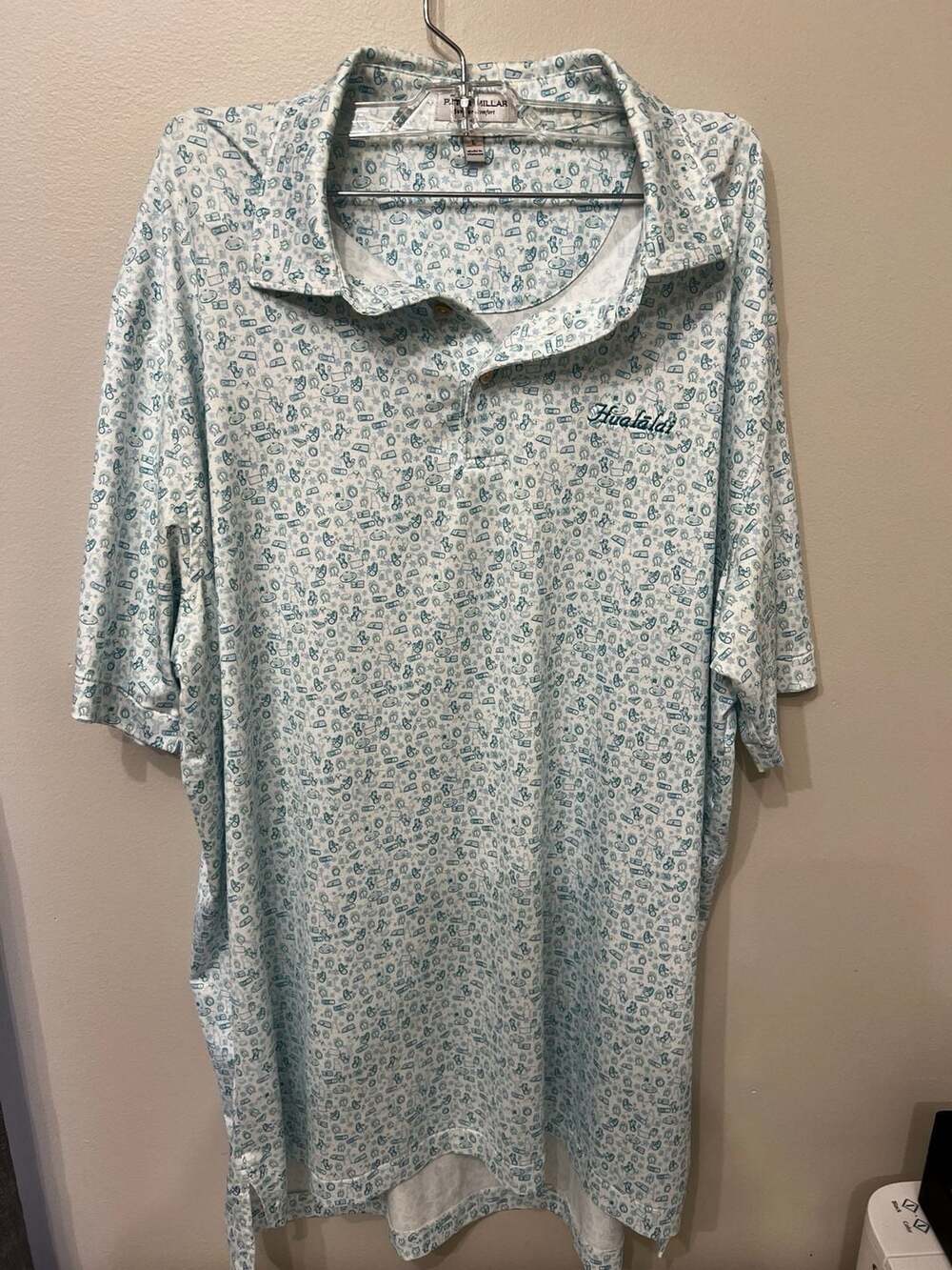 Peter Millar Summer Comfort Golf Polo Hualalai Club Men L White/Blue Patterned